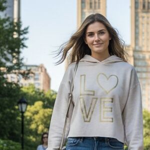 ReUnited-Marled Hoodie with LOVE Square Graphic Super Soft Terry Crop…
